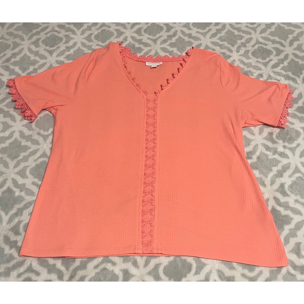 Charter Club Women XL Coral Pink Ribbed V-Neck Top Crochet Lace Trim ShortSleeve